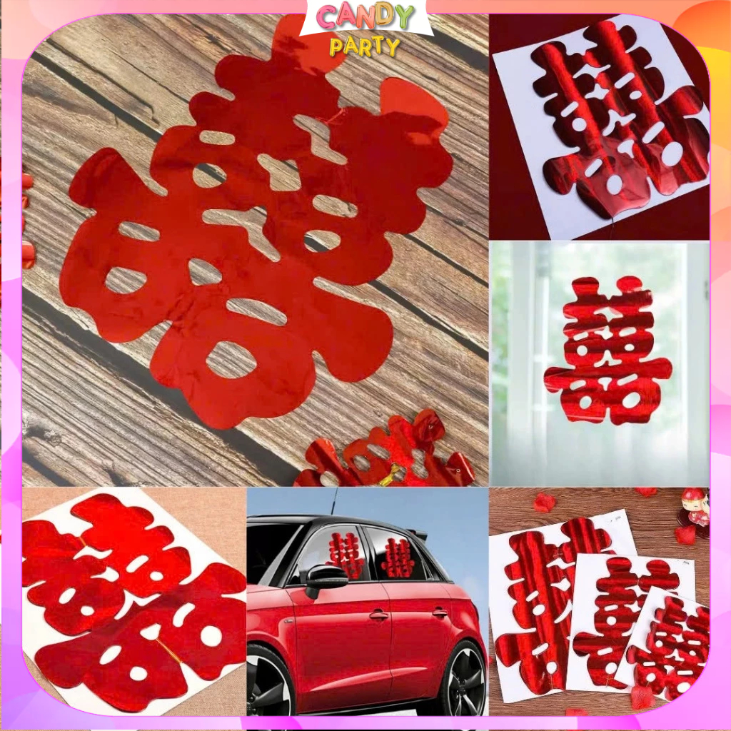 Combo 50 Chữ Hỷ Dán Kính Trang Trí Cưới – Decal Hỷ Lấp Lánh Đỏ Ánh Kim – Trang Trí Xe Hoa, Phòng Cướ