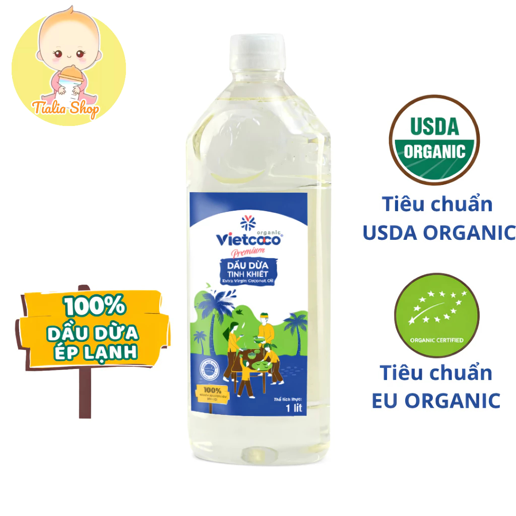 CHAI PET 1 Lít-Vietcoco Dầu Dừa Tinh Khiết Tiêu Chuẩn USDA Organic & EU Organic 100% Dầu Dừa Ép Lạnh