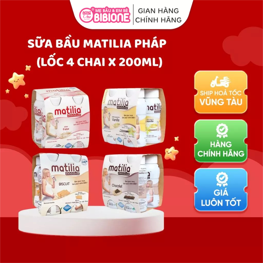 [CHÍNH HÃNG] Sữa Bầu Matilia Pháp 200ml Lốc 4 Hộp - 4 Vị Socola Vani Biscuit Dâu – Dinh Dưỡng Cho Mẹ
