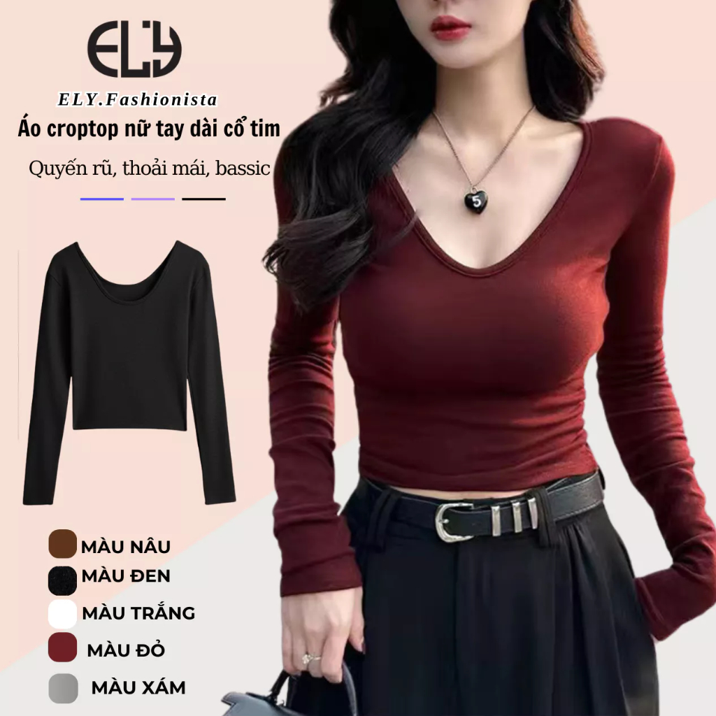 Áo croptop nữ tay dài cổ tim ELY chất cotton dẻo cao cấp áo thun nữ kiểu sexy ôm body đẹp ELY290 | BigBuy360 - bigbuy360.vn