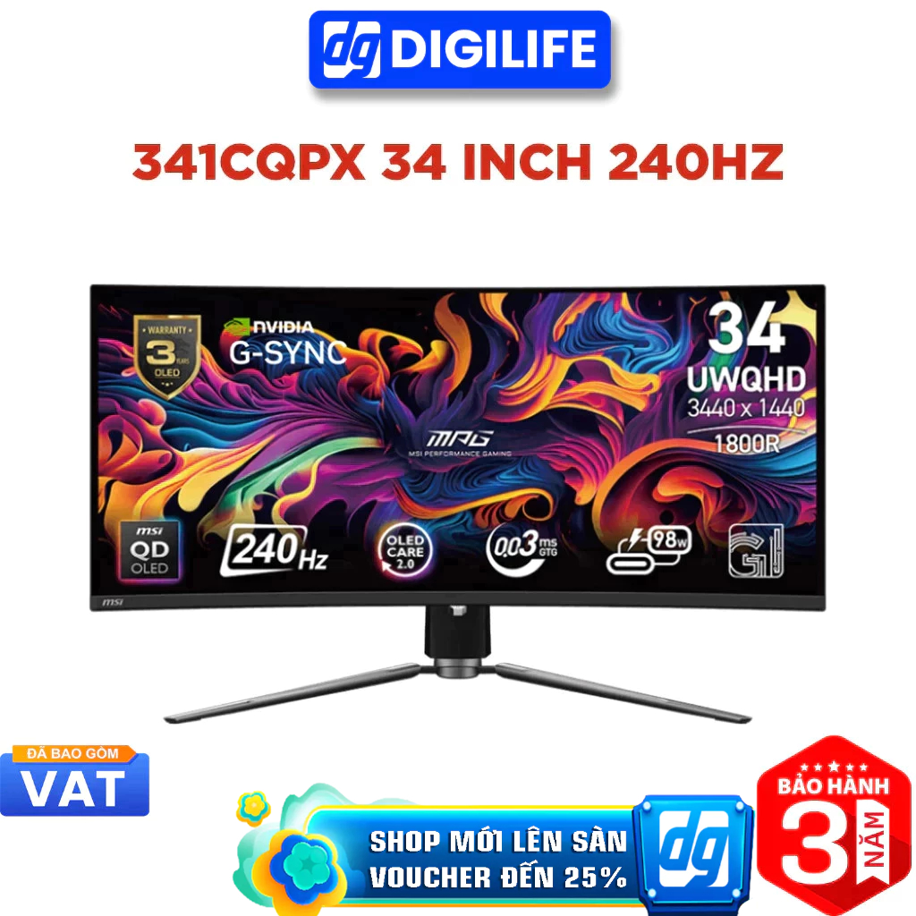 Màn hình Gaming MSI MPG 341CQPX QD-OLED 34inch UWQHD 240Hz 0.03ms QD-OLED Cong 1800R