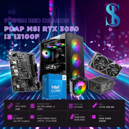 PCAP MSI RTX 3050 6GB RED DRAGON (i3 13100F - 16GB RAM - 500GB SSD) POWERED BY MSI