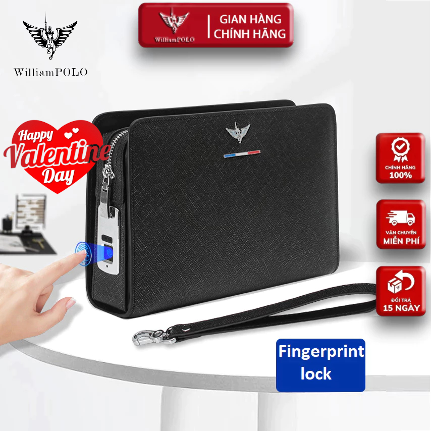Ví Cầm Tay Nam Khóa Vân Tay Da Bò, Clutch Nam Hàng Hiệu WilliamPoLo Túi kẹp nách nam Cao Cấp WLC18 size 25.5cm