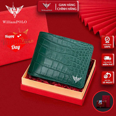 Ví Nam Da Cá Sấu Thật Màu Xanh Rêu, Bóp Nam Hàng Hiệu WilliamPOLO Cao Cấp W24 Ví Ngang có ngăn khóa
