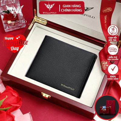 Ví Nam Da Bò Thật 100% Cao Cấp Hàng Hiệu WilliamPOLO, Bóp Nam Cao Cấp có ngăn khoá WV398 Hộp Gỗ