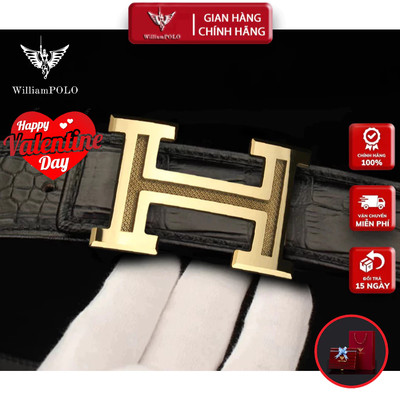Thắt Lưng Nam Da Cá Sấu Chữ H Titan Nguyên Khối Cao Cấp Hàng Hiệu WilliamPOLO, Dây Nịt Nam WP7935 Hộp Gỗ Làm Quà Tặng