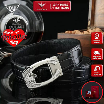 Thắt Lưng Nam Da Cá Sấu Thật 100%, Khóa Hợp Kim Nguyên Khối Cao Cấp Hàng Hiệu WilliamPOLO, Dây Nịt Nam WP7914 Hộp Gỗ