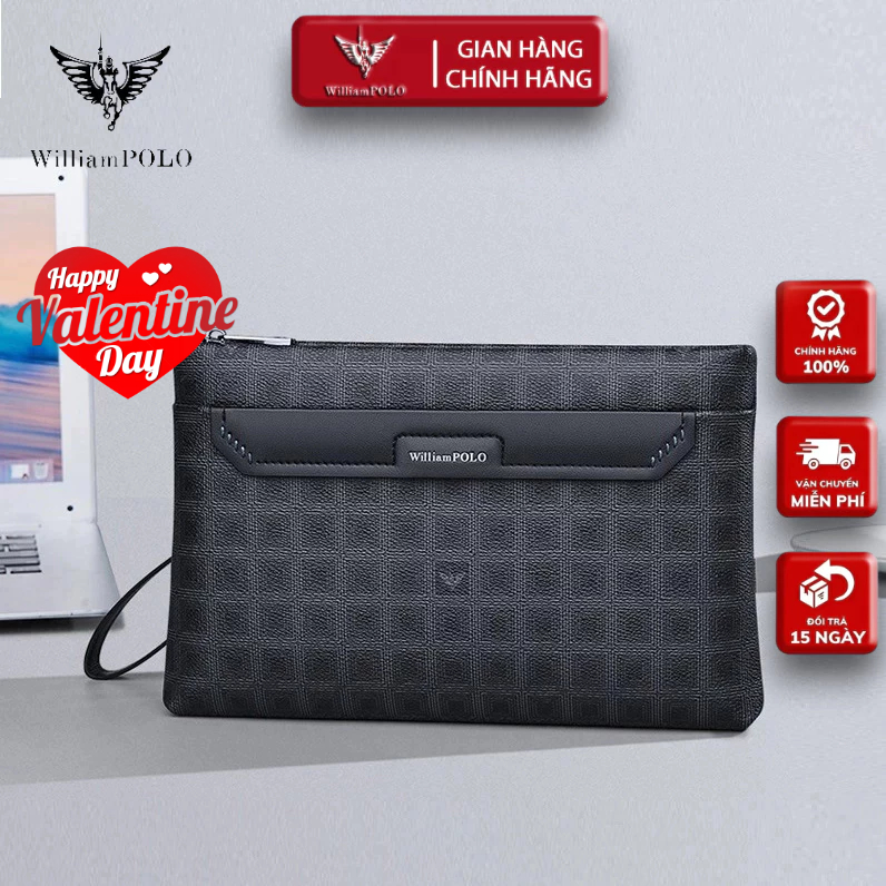 Ví Cầm Tay Nam Da Bò, Clutch Nam Hàng Hiệu WilliamPoLo Túi kẹp nách nam Cao Cấp WLC14 size 27cm