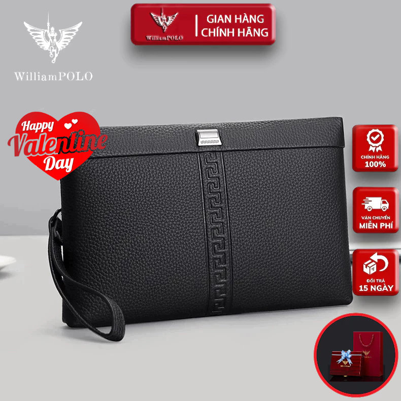 Ví Cầm Tay Nam Da Bò, Clutch Nam Hàng Hiệu WilliamPoLo Túi kẹp nách nam Cao Cấp WLC19 size 27cm
