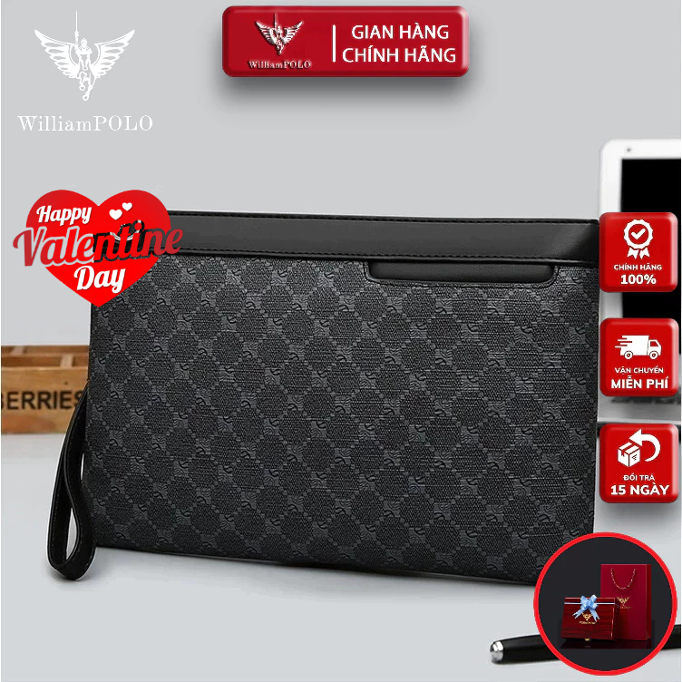 Ví Cầm Tay Nam Da Bò, Clutch Nam Hàng Hiệu WilliamPoLo Túi kẹp nách nam Cao Cấp size 27cm