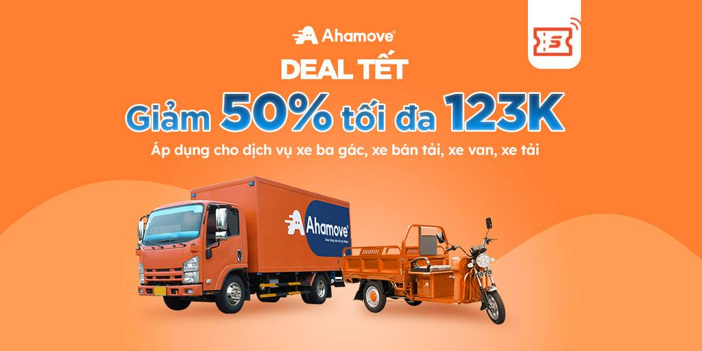 - Mã giảm 50%, tối đa 123k Dịch vụ xe ba gác, xe bán tải, xe van, xe tải của Ahamove
