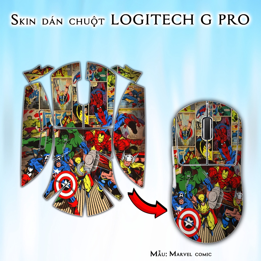 Skin dán chuột Logitech G Pro / Pro X Superlight mẫu Marvel comic | Miếng dán Film 3M chống trượt
