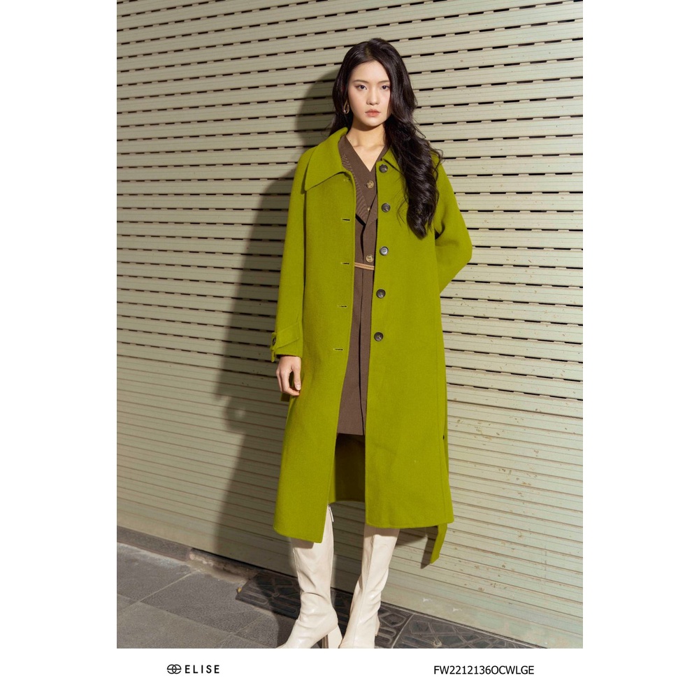 Áo măng tô dạ xanh cốm lông cừu đai eo thiết kế Elise FW2212136OCWLGE