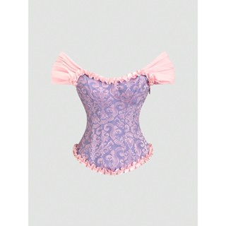   Bigsize 45-75kg   Order  Áo trễ vai form corset vải gấm hoa viền bèo tiểu thư công chúa đáng yêu hack dáng 