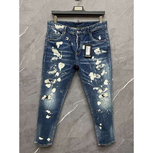 [ QC VIP ] Quần Jean Dsquared2 Xanh rách mài loang vẩy sơn Trắng 4 khuy LA