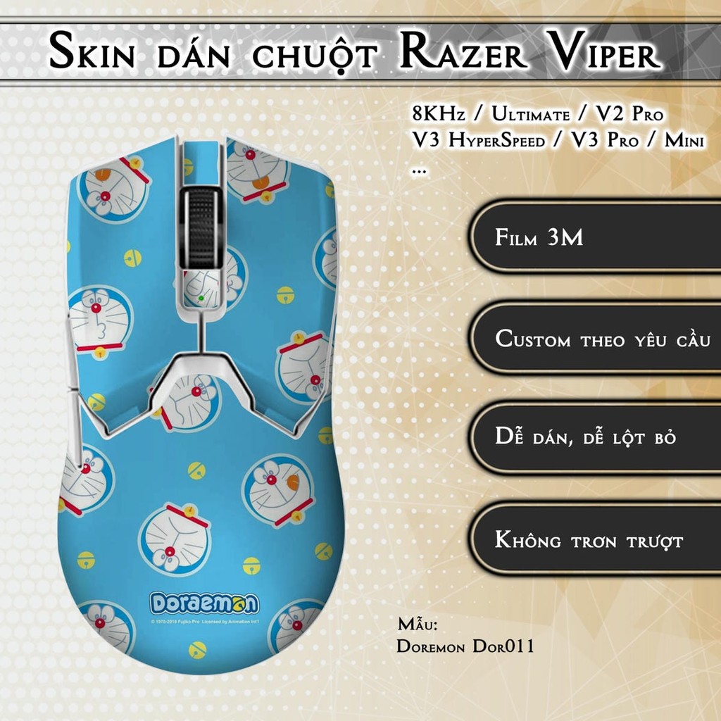Skin dán chuột Razer Viper 8KHz, Ultimate, V2, V3 Pro, HyperSpeed, Mini mẫu Doremon Dor011