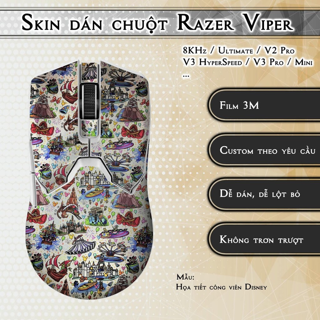 Skin dán chuột Razer Viper 8KHz, Ultimate, V2, V3 Pro, HyperSpeed, Mini mẫu Công viên Disney