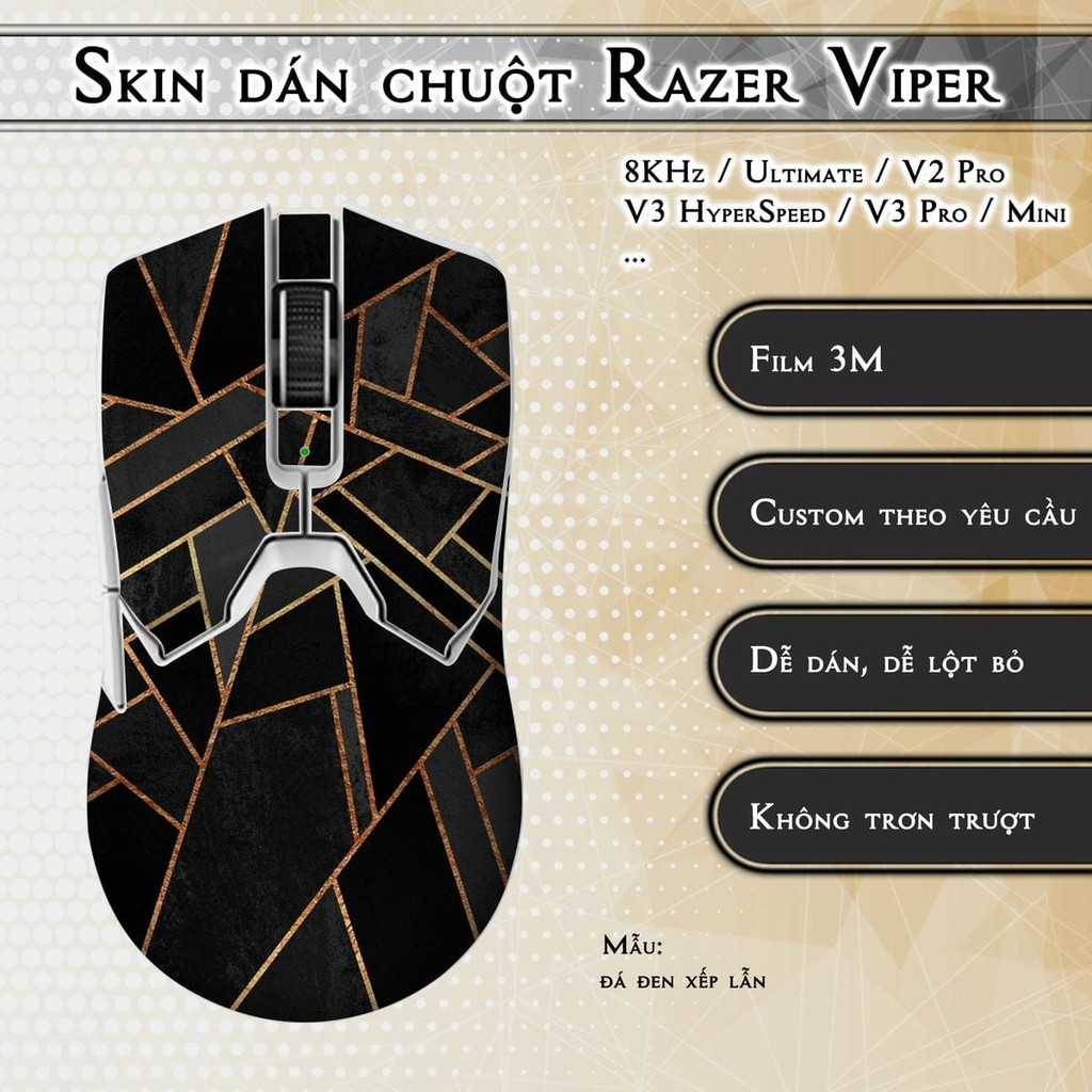 Skin dán chuột Razer Viper 8KHz, Ultimate, V2, V3 Pro, HyperSpeed, Mini mẫu đá đen xếp lẫn