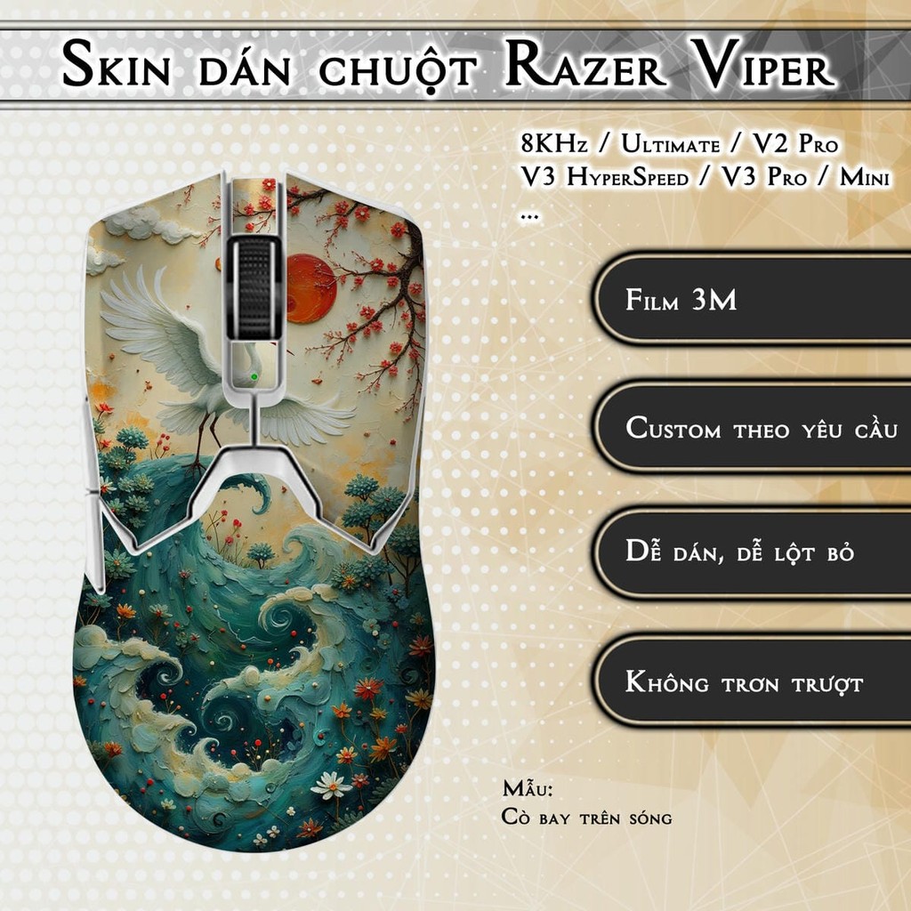 Skin dán chuột Razer Viper 8KHz, Ultimate, V2, V3 Pro, HyperSpeed, Mini mẫu Cò bay trên sóng
