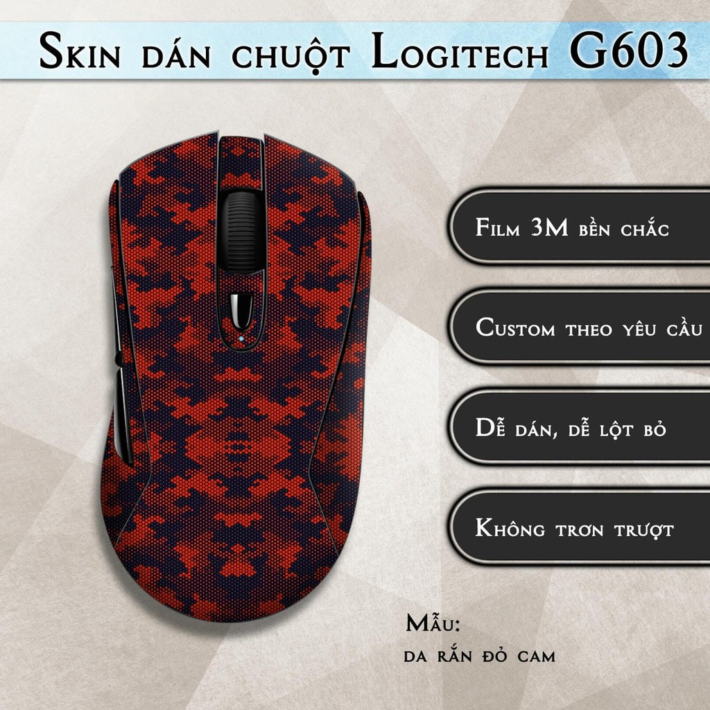Skin dán chuột Logitech G603 mẫu da rắn đỏ cam | Miếng dán Film 3M chống trượt