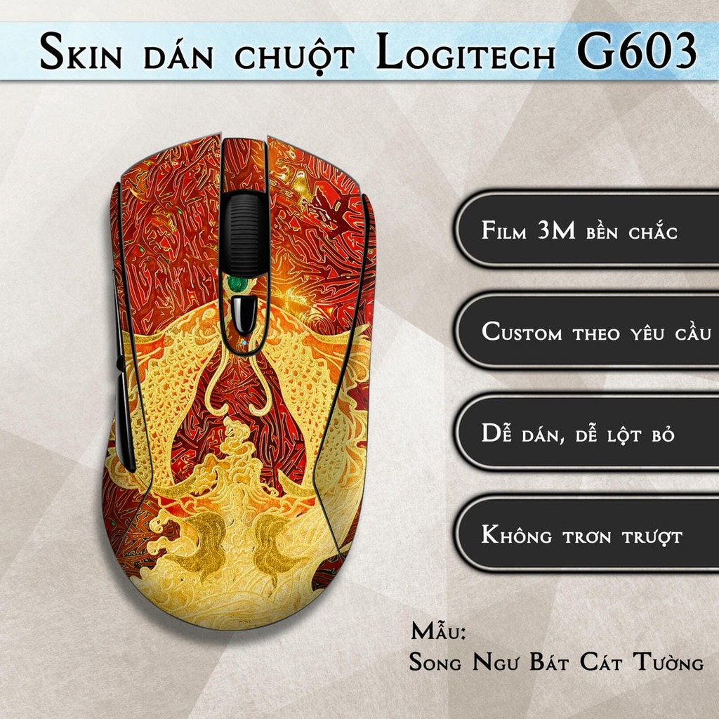 Skin dán chuột Logitech G603 mẫu Song Ngư Bát Cát Tường | Miếng dán Film 3M chống trượt