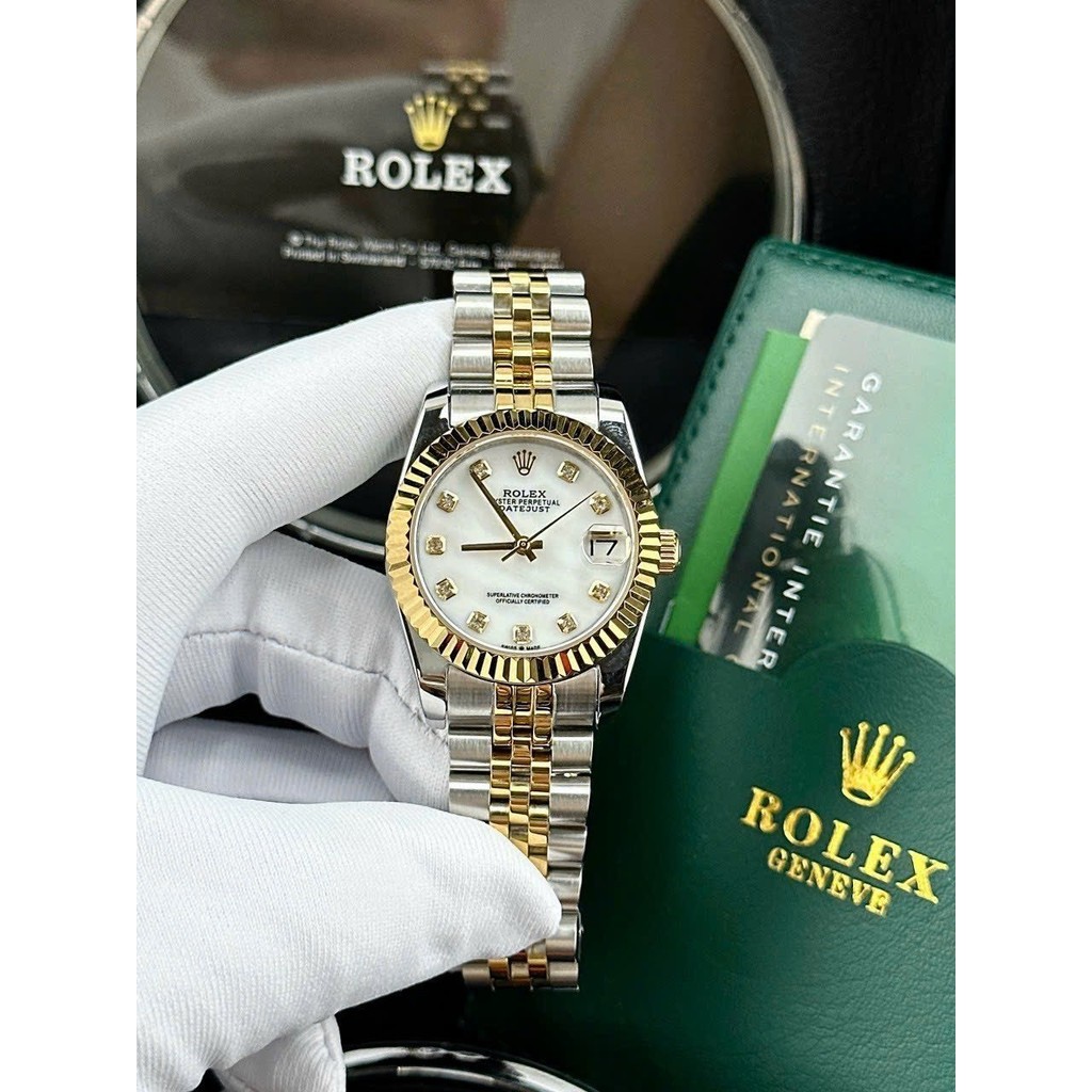 [TẶNG HỘP] Đồng hồ Nữ ROLEX lady Date Just demi white- Máy automatic- Dây thép- 31mm- chống nước- BẢ