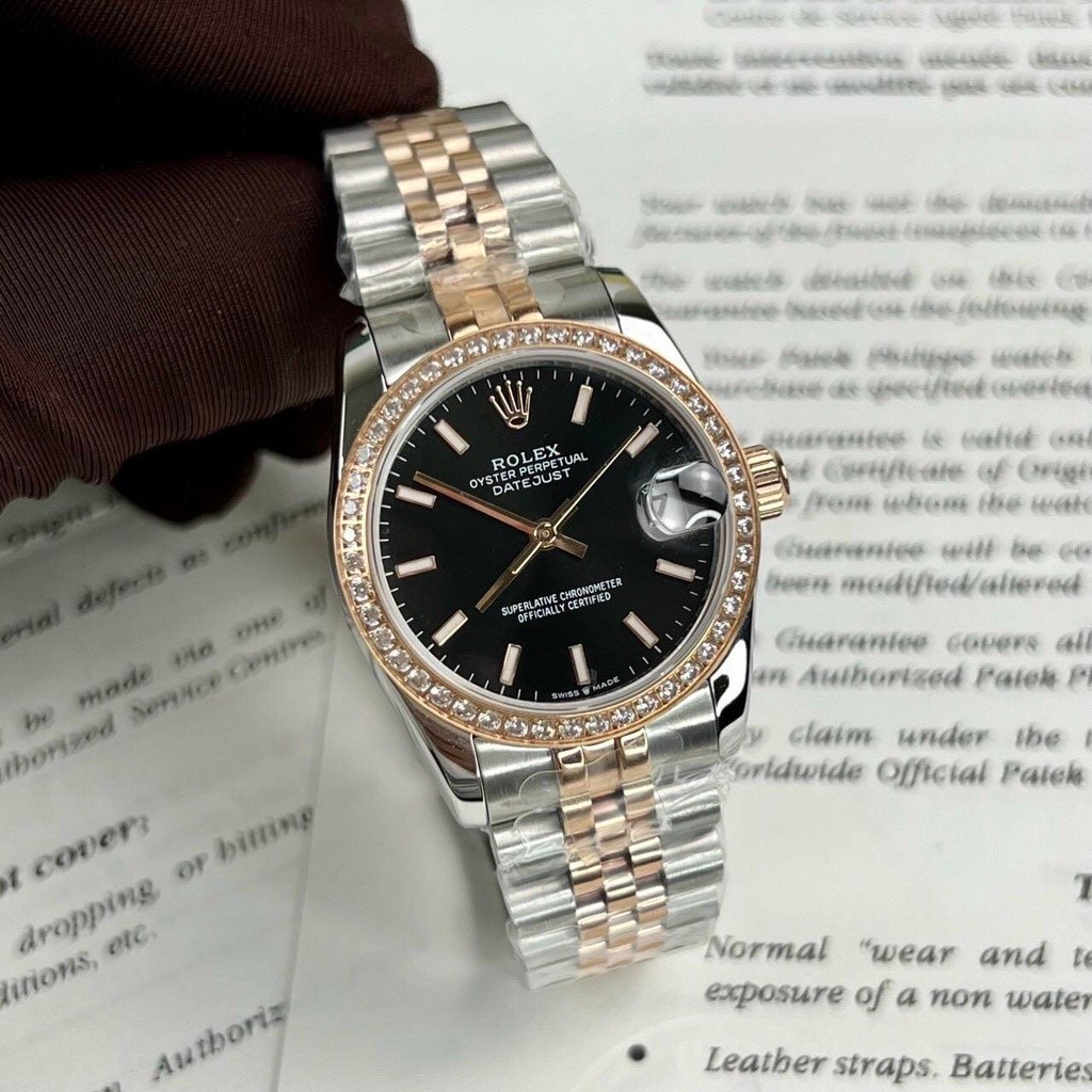 [TẶNG HỘP] Đồng hồ Nữ ROLEX Lady Oyster Perpetual Date Just Black N- Thép 904L- automatic- 31mm- BẢO