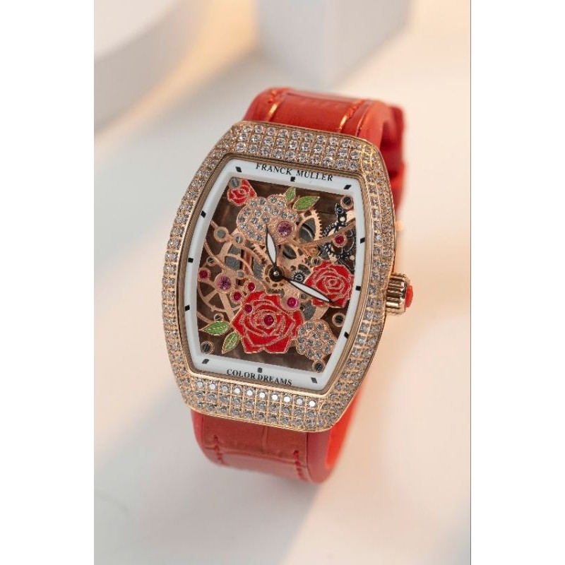 Đồng Hồ Nữ Franck Muller Vanguard V32 Rose Skeleton-size 32 x 42.3mm - đính full đá-máy Quazt swiss.