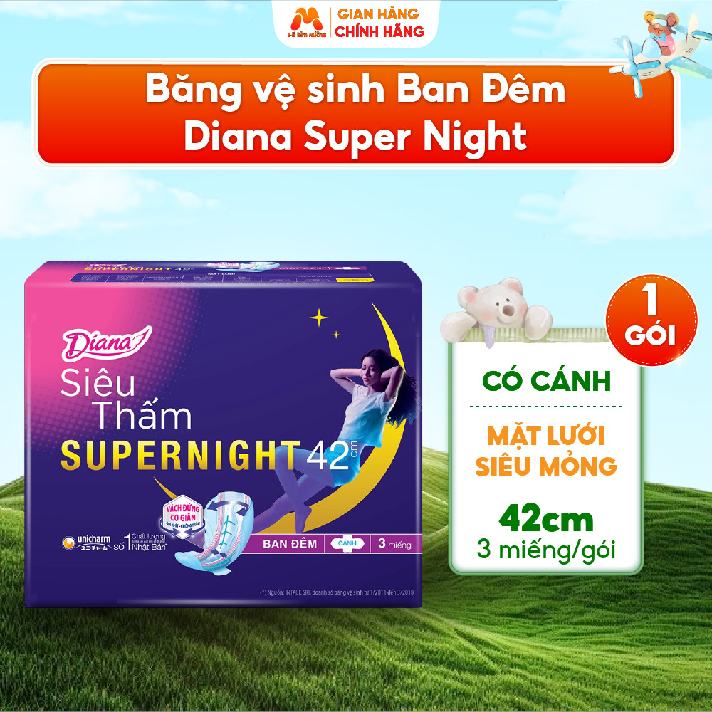 Băng Vệ Sinh Ban Đêm DIANA SUPER NIGHT 42cm Mặt Lưới Siêu Mỏng Thấm Hút Nhanh Chống Tràn Có Cánh/ 3 