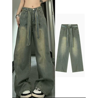 Quần jeans nữ ống rộng, quần suông kèm đai to lưng cao mài bạc đùi chất dày dặn phong cách Hàn Quốc