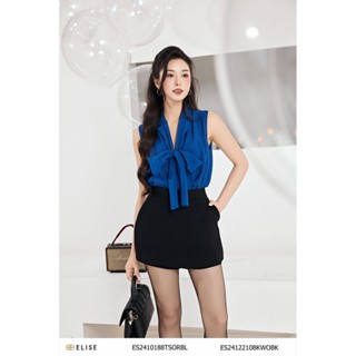 Áo sơ mi tơ xanh dương sát nách nơ cổ thiết kế Elise ES2410188TSORBL