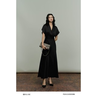  Đầm lụa đen cổ V lật xếp nhún eo thiết kế Elise FS2412103DISIBK 