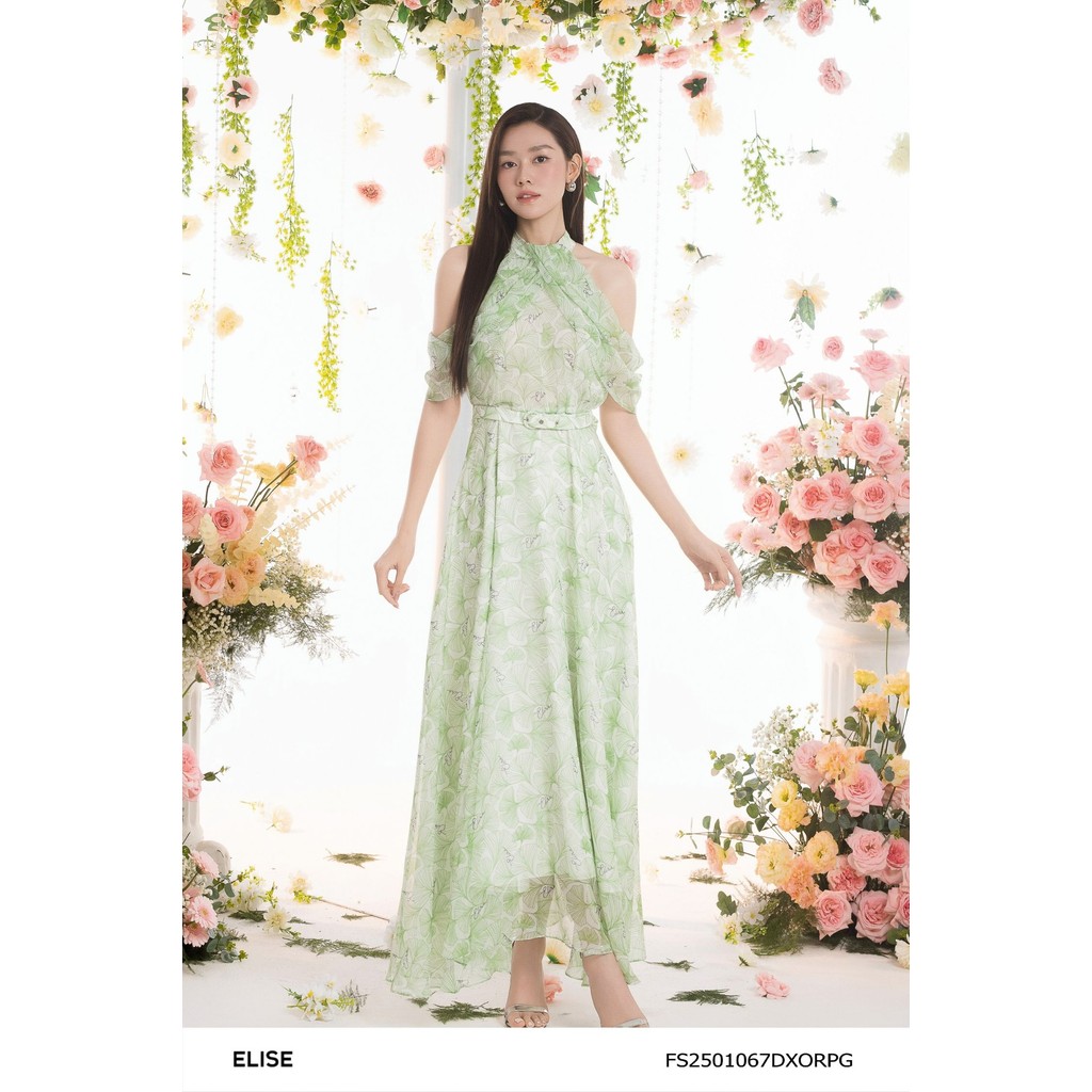 Đầm maxi hoa xanh ginkgo cổ yếm thiết kế Elise FS2501067DXORPG