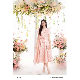 Đầm tafta óng hoa ginkgo hồng nơ eo thiết kế Elise FS2412204DIWOPP