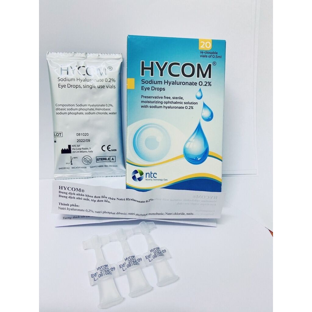 Nước mắt nhân tạo Hycom 0.2% - Mang lại cảm giác dễ chịu cho mắt khô, mỏi - Hộp 20 tép 0.5 ml