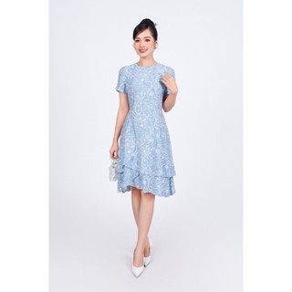  FDC34198 - Đầm công sở vải thô đũi hoa dáng suông cổ tròn tay cộc thân váy xếp tầng tạo kiểu - PANTIO 