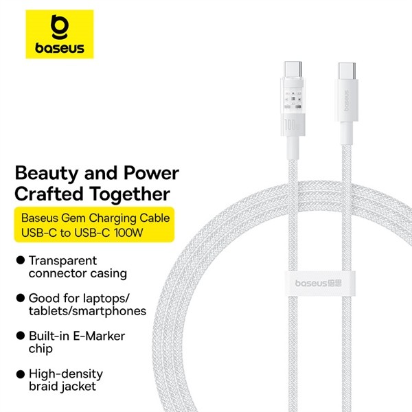 Cáp Sạc Nhanh 1M Trắng Baseus Gem C to C 100W (Fast-Charging Data Cable)