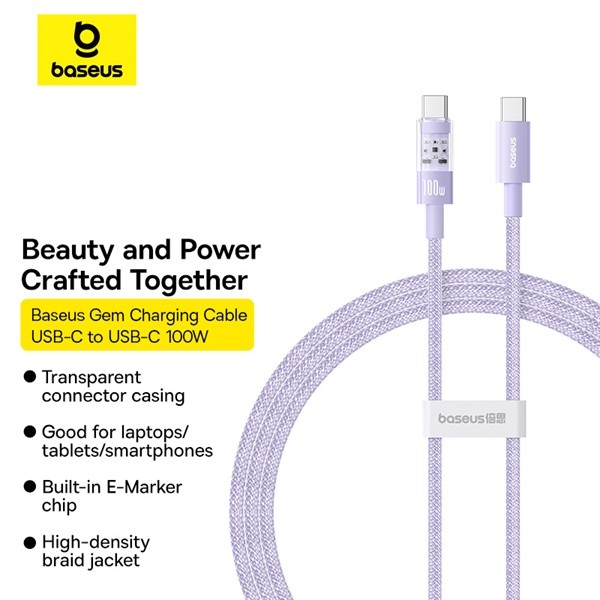 Cáp Sạc Nhanh 2M Tím Baseus Gem C to C 100W (Fast-Charging Data Cable)