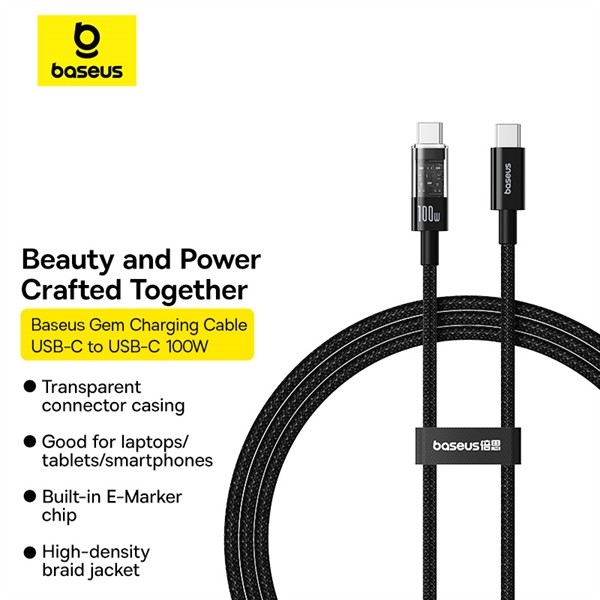Cáp Sạc Nhanh 2M Đen Baseus Gem C to C 100W (Fast-Charging Data Cable)