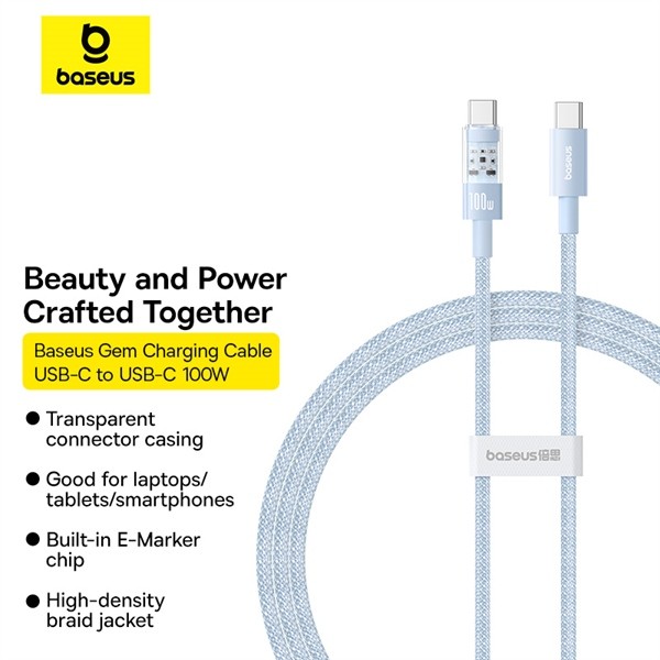 Cáp Sạc Nhanh 2M Xanh Baseus Gem C to C 100W (Fast-Charging Data Cable)