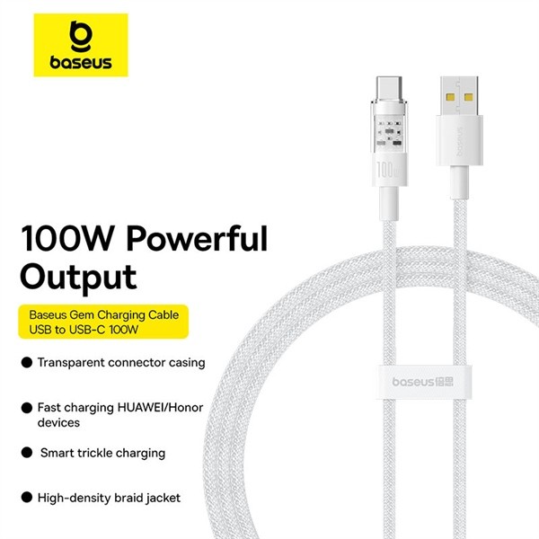 Cáp Sạc Nhanh 1m Trắng Baseus Gem USB to C 100W (Fast-Charging Data Cable)