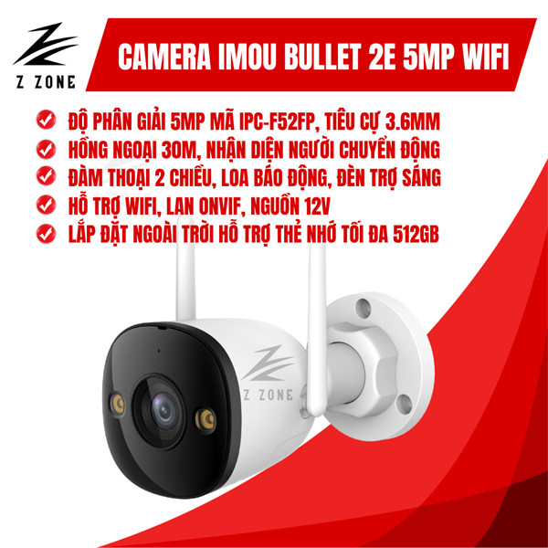 Camera Imou IPC-F52FP Bullet 2E 5MP - Ngoài trời chống nước, Đèn trợ sáng ban đêm có màu