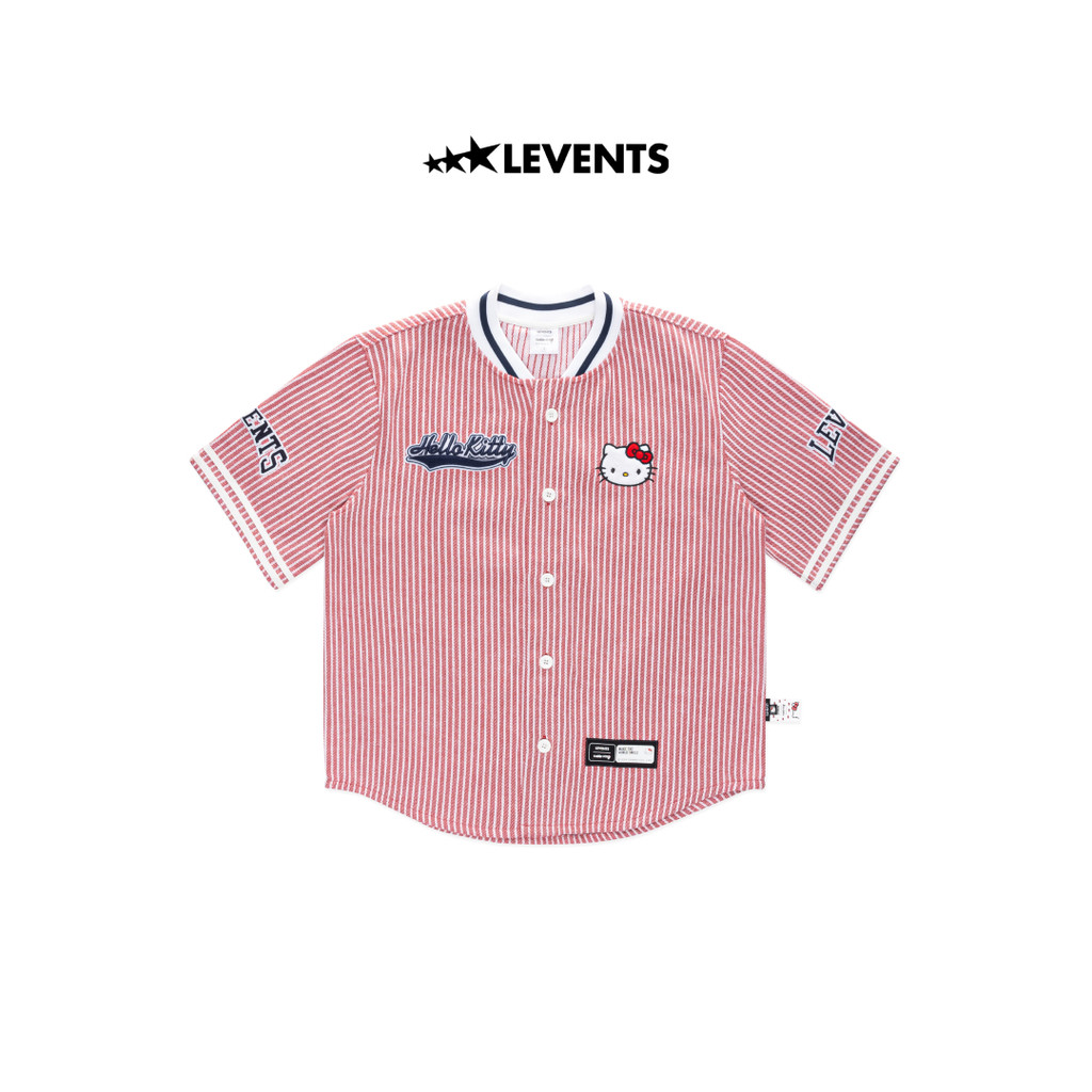 Levents® x Hello Kitty | Áo Striped Baseball Jersey/ Red Poly Pha Cotton Cứng Cáp