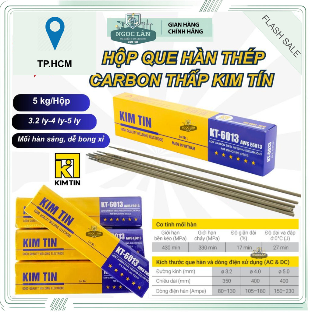 Chính hãng Que hàn sắt thép carbon thấp Kim Tín 3.2mm, 4.0mm, 5.0mm (mã KT-6013)