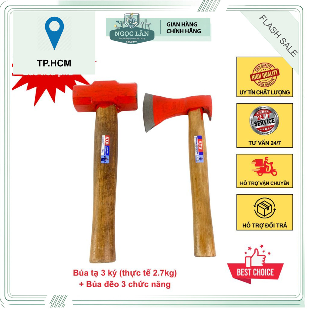 Combo búa lục giác, búa tạ 3kg, rìu đa năng Sơn Tùng đóng/nhổ đinh, bổ củi