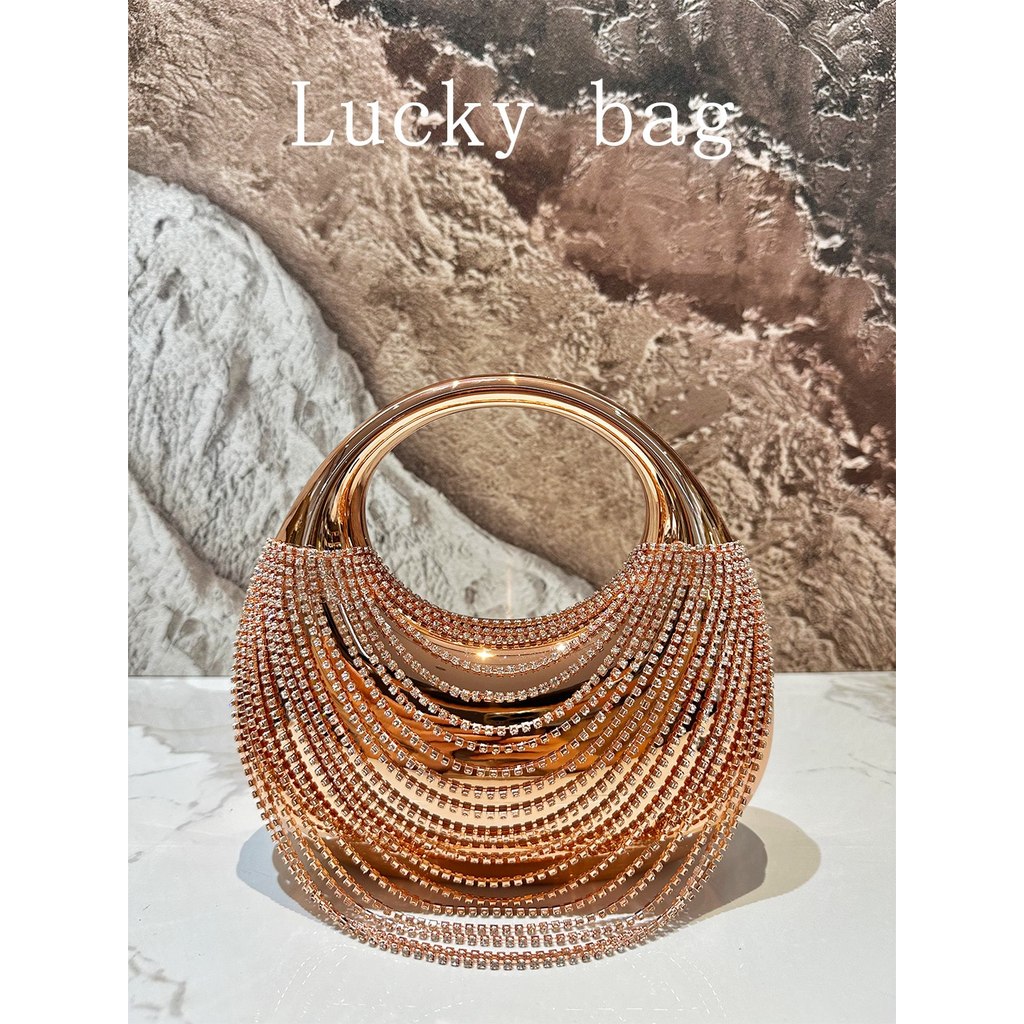 [SẴN BẠC] Túi Cầm Tay Quai Tròn Đính Đá Tua Rua - Luxury Rhinestone Fringe Ring Handle Clutch Bag