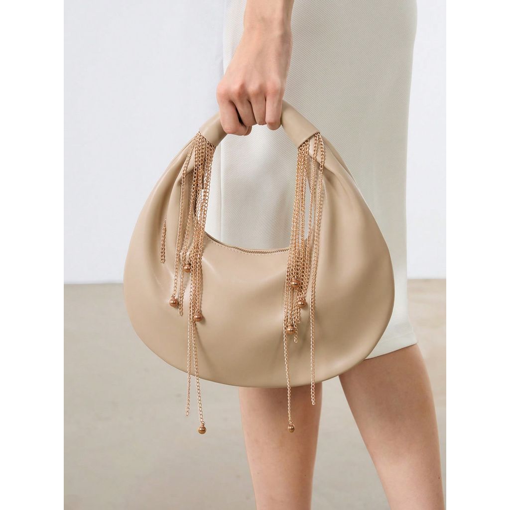 Túi Kẹp Nách Hình Bán Nguyệt Phối Tua Rua Xích - Elegant Crescent Hobo Bag With Metallic Fringe