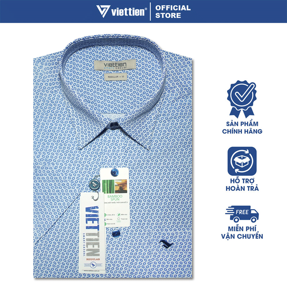 VIETTIEN SALE - Áo Sơ Mi VIETTIEN Ngắn Tay, Màu Xanh - Trắng, Họa Tiết, Form Regular Lai Ngang