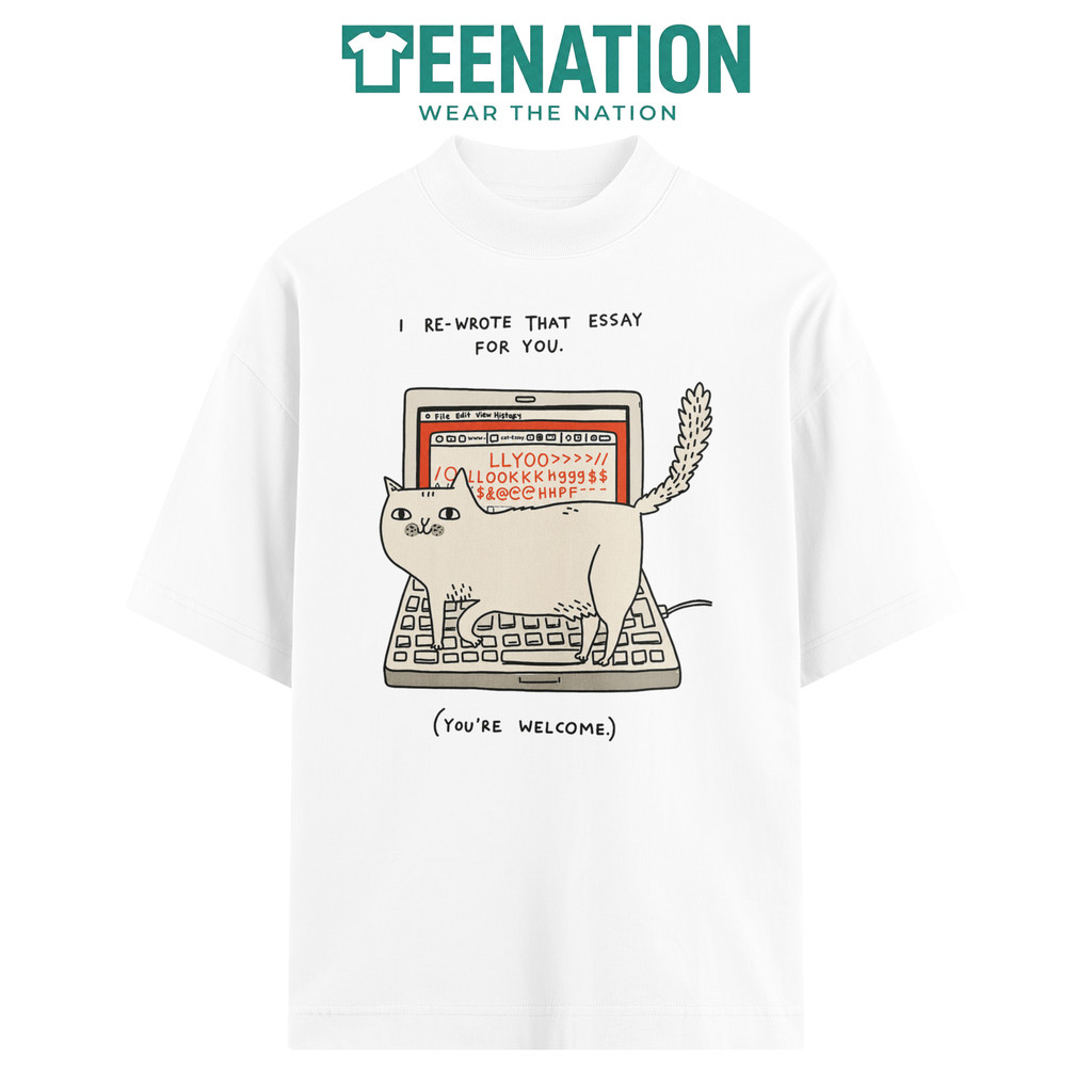 Áo Thun Trắng MÈO CAT REWROTE ESSAY Form Rộng Oversize Cotton 250gsm Unisex Streetwear TEENATION