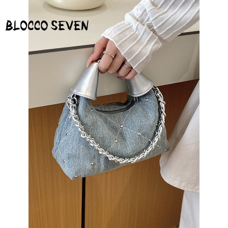 Túi xách denim đính đá BLOCCO SEVEN thiết kế đinh tán dây xích đeo chéo - BLOCCO SEVEN túi đựng - xa